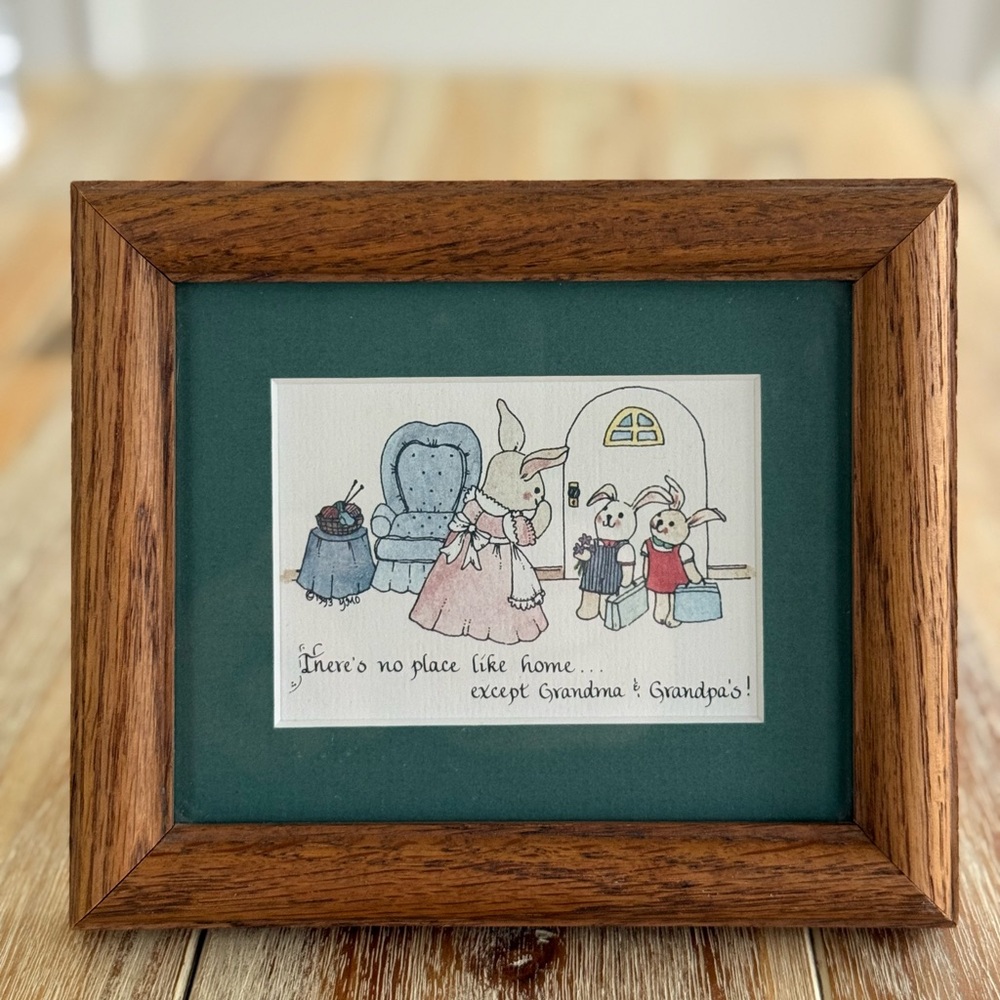 Vintage Yours Mine Ours Framed Bunny Print Message To Grandma And Grandpa